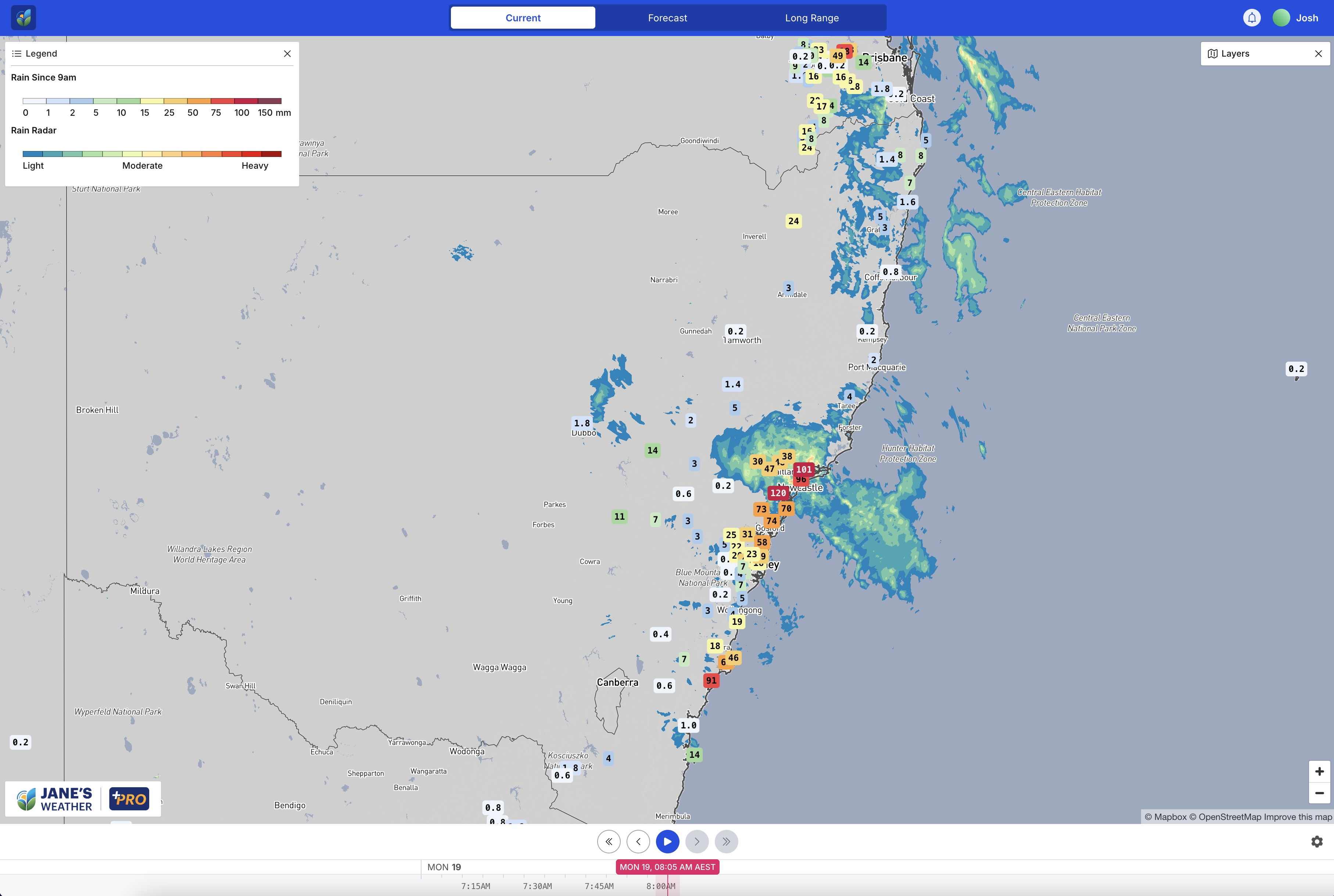 Rain on Monday morning, delivering local falls over 100mm in the Newcastle area
