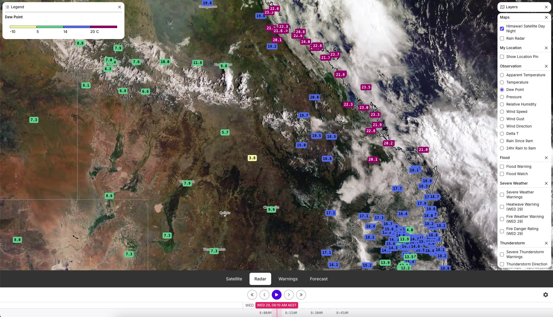 Highlighting dew point temperatures - easily see where wet weather is possible and where it isn't