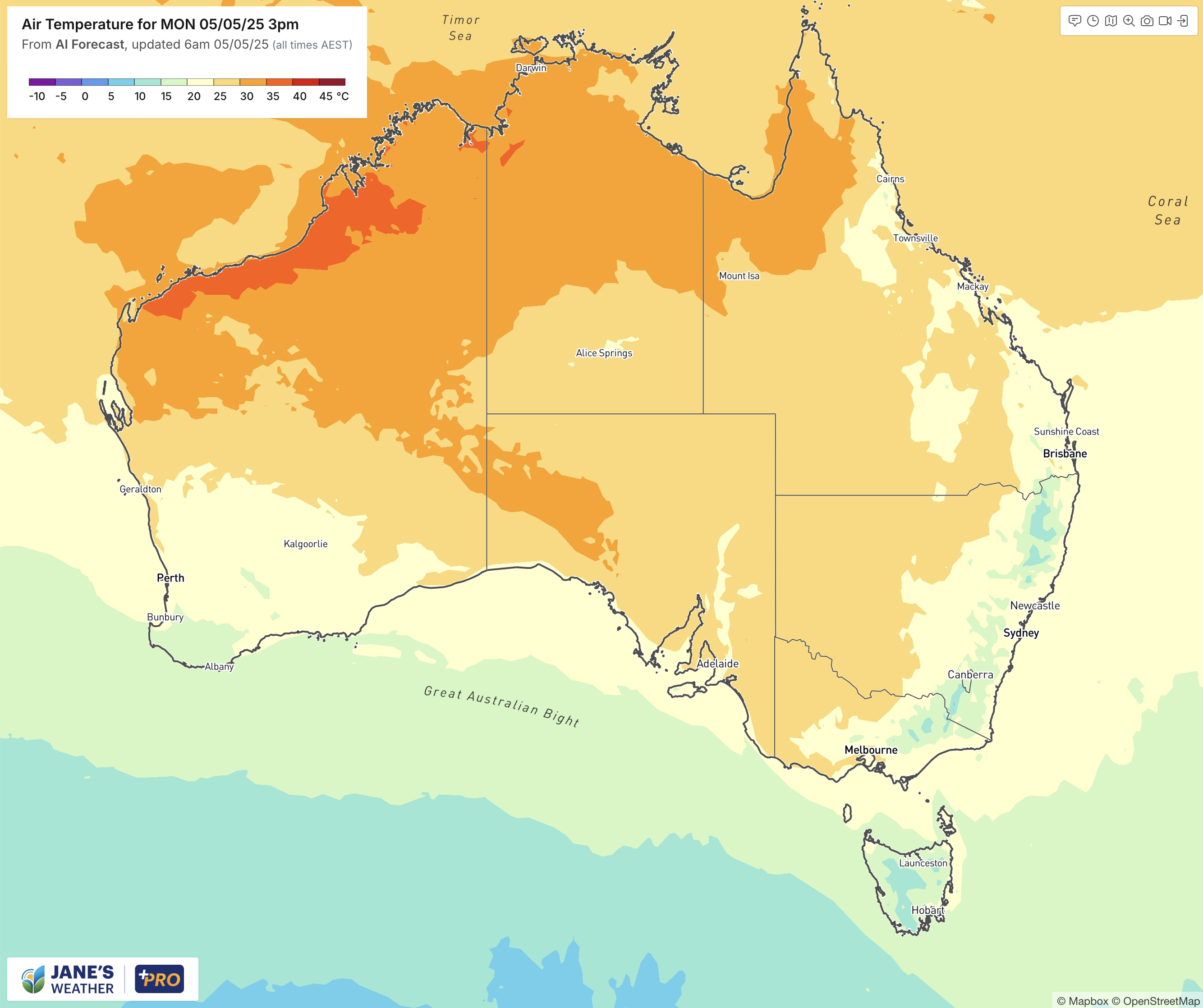 Projected temperatures this afternoon
