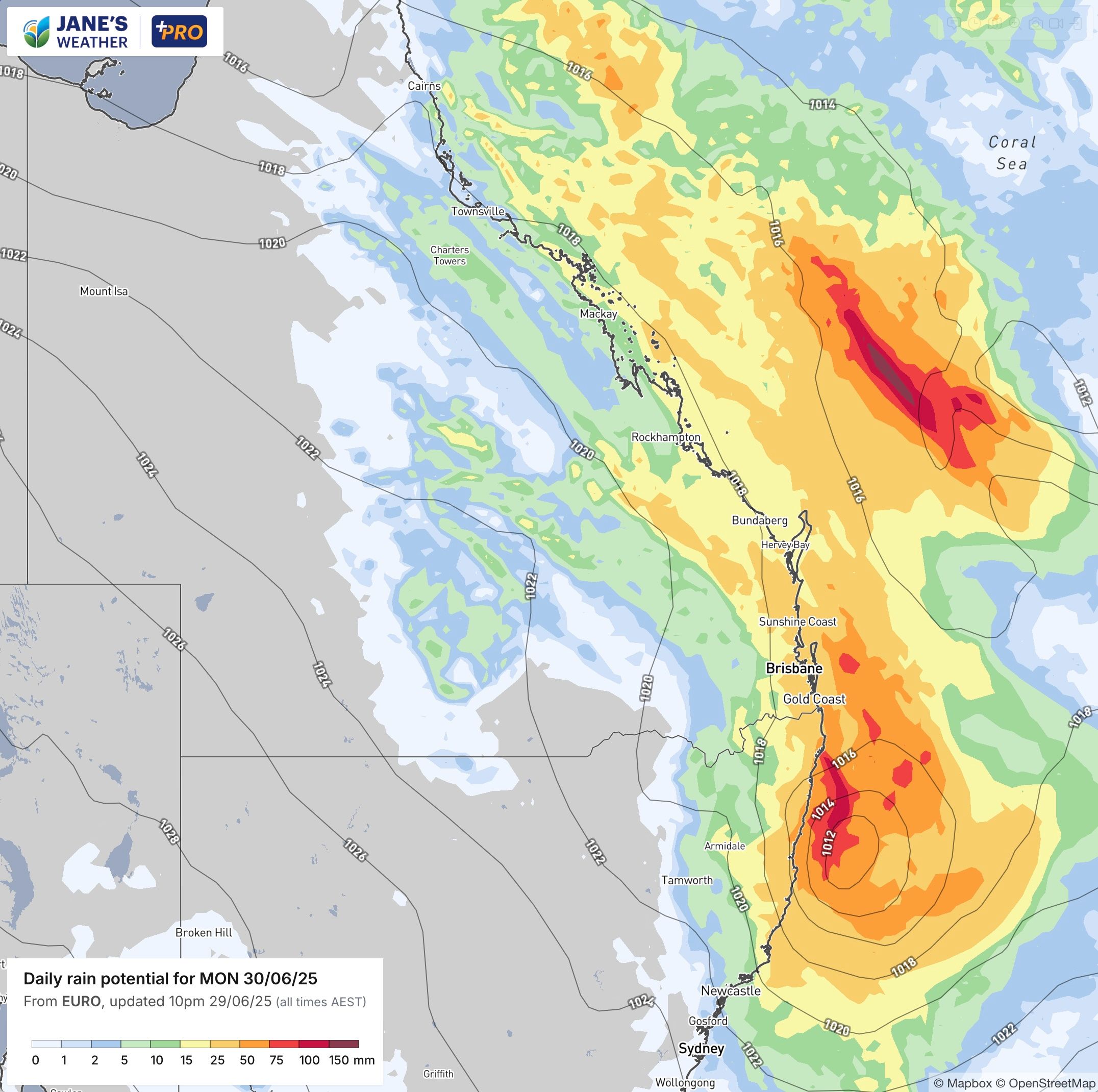 Potential rainfall on Monday, with the ECL developing off northern NSW on Monday night