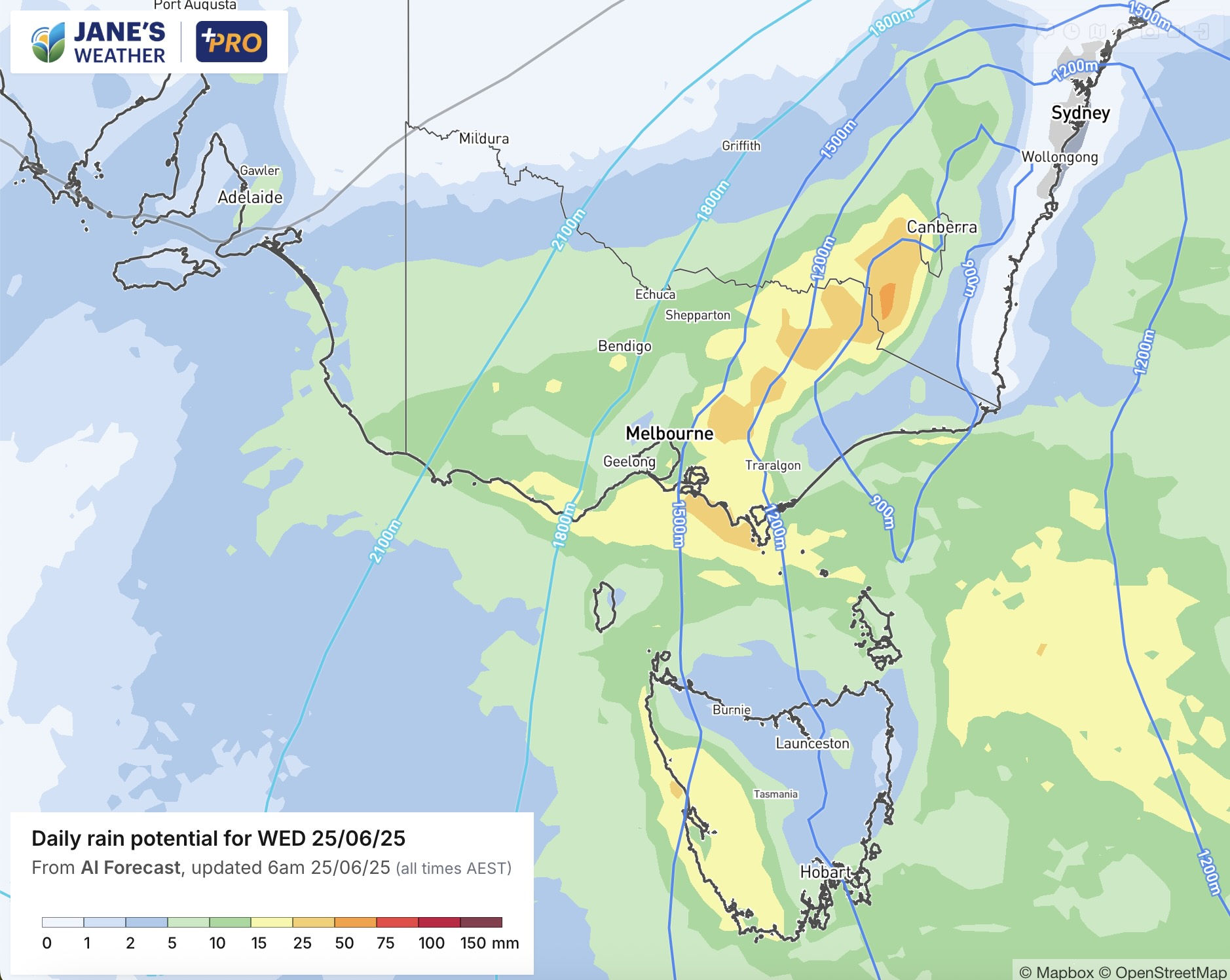 Daily rain expected for Wednesday, showing the cold air pattern (how low the snow can fall) at 10pm Wednesday