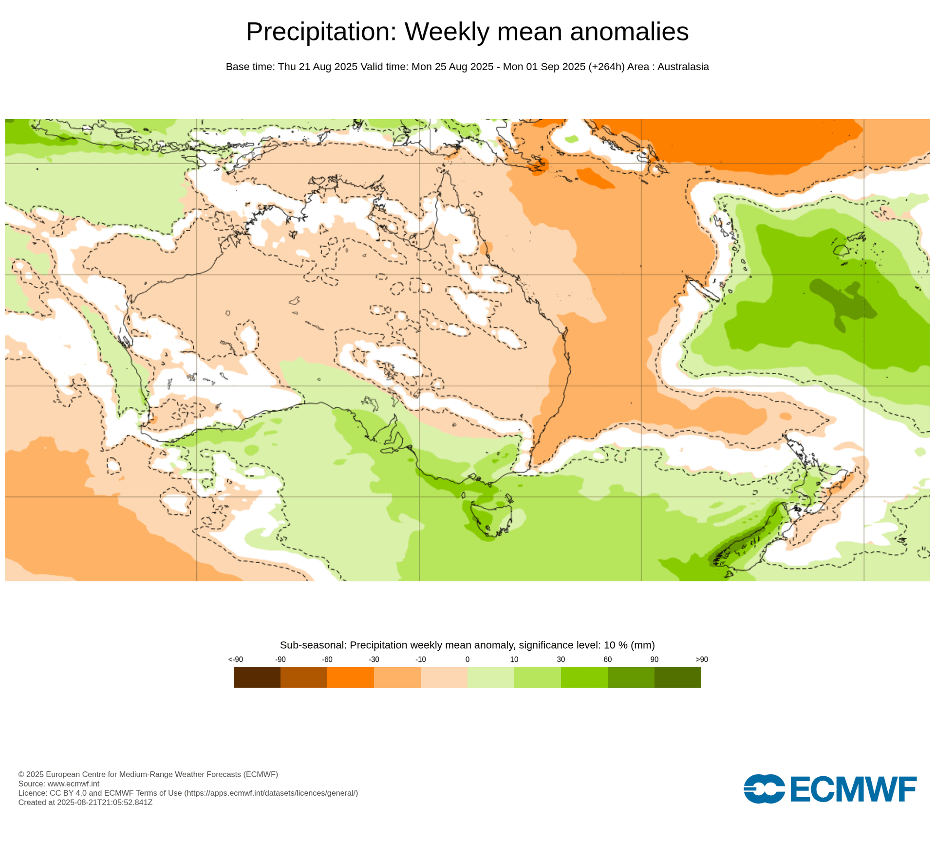 Weekly rainfall anomalies for 'week 1' from Monday 25th August, and 'week 2' from Monday 1st September
