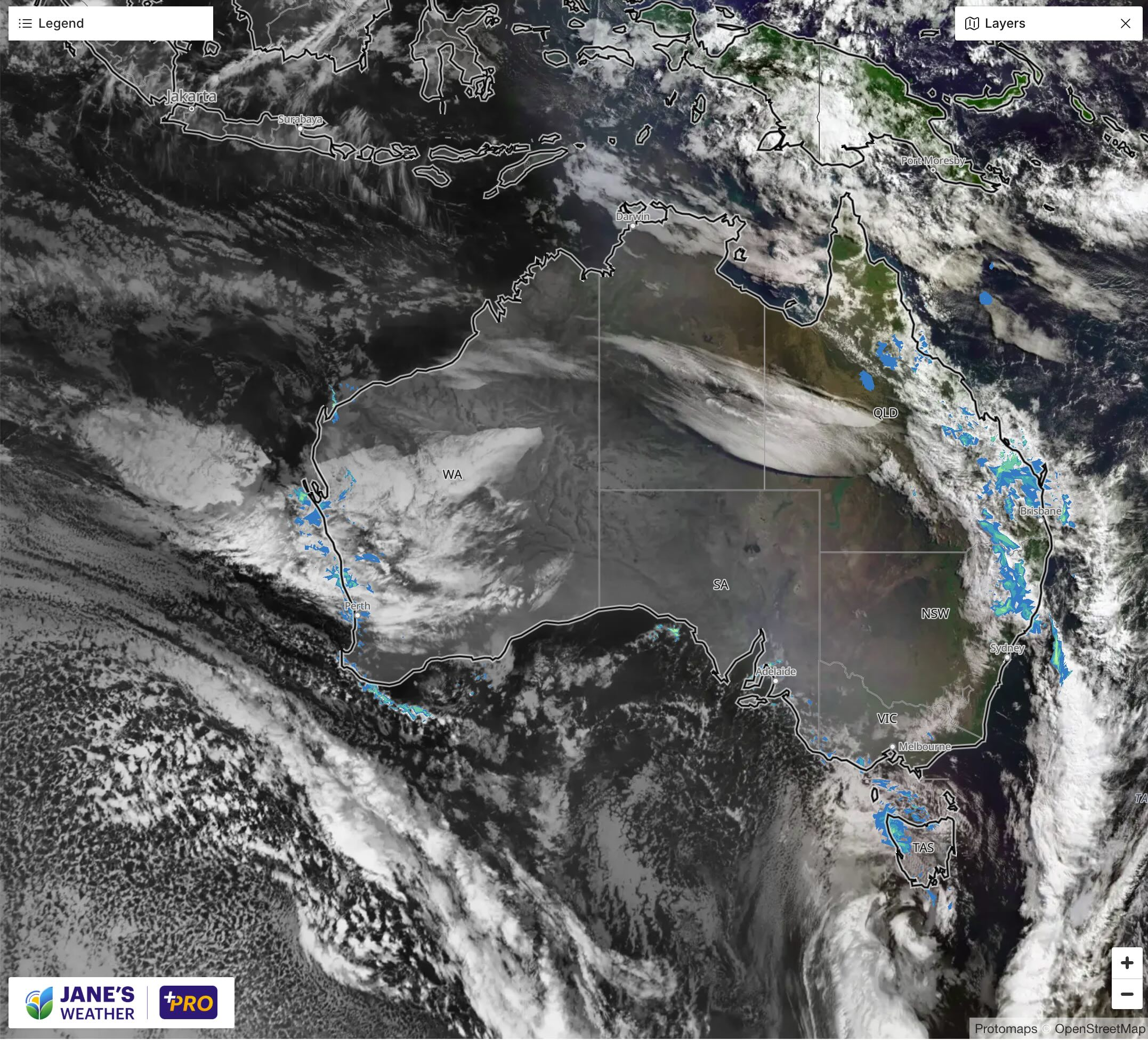 One weather system finishing up in the east, as the next begins in the west with cloud streaming in from the Indian Ocean