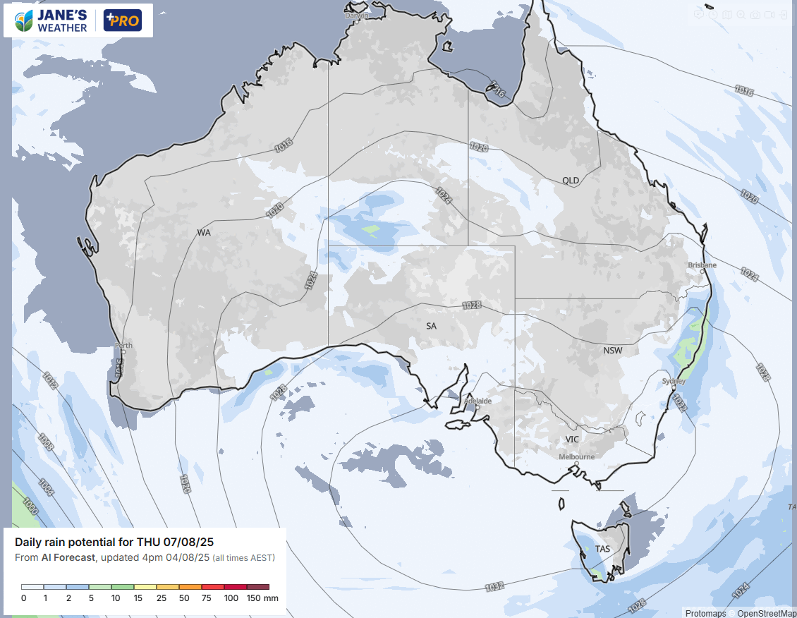 Most of the wet weather from Tuesday to Thursday is in the south