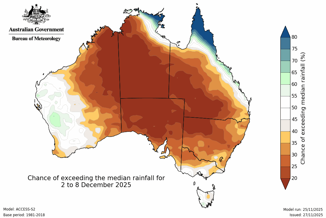 BoM's outlook for 2 - 8 December is drier than average for much of the nation