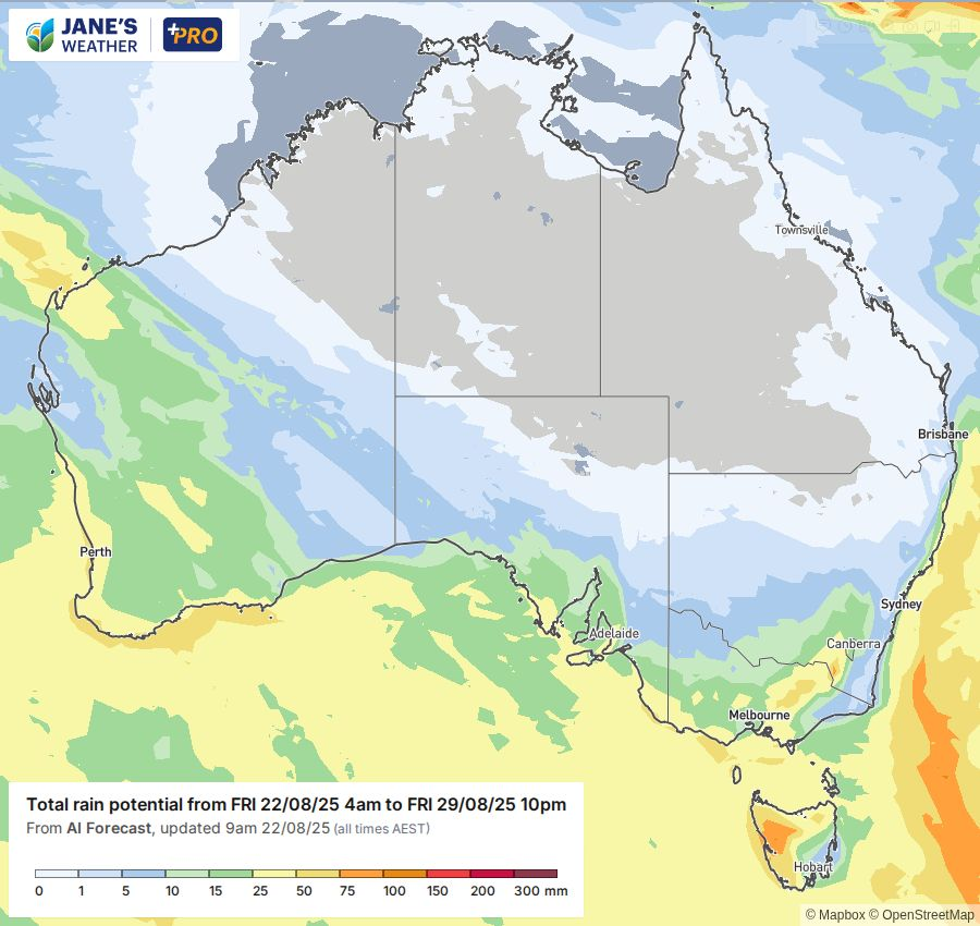 Potential rainfall over the next week. Rain in the southeast begins on Tuesday