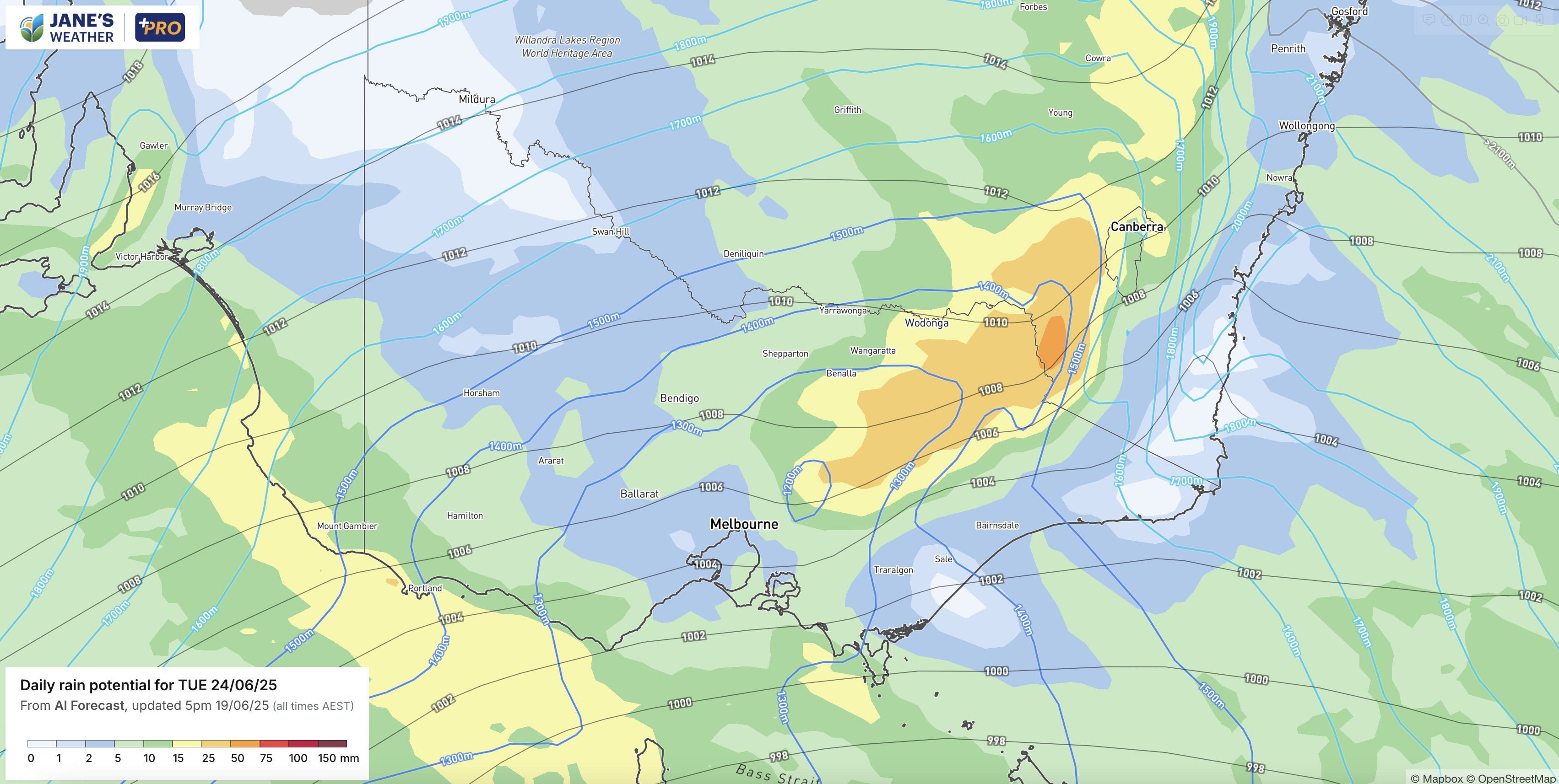 The precipitation is alpine areas is 25 to 50 mm, possibly up to 75mm in the 24 hours to 10pm Tuesday. The thickness at 10pm Tuesday is cold enough for snow throughout alpine areas.