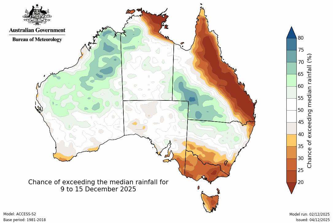 Potential rainfall from 9 - 15 December