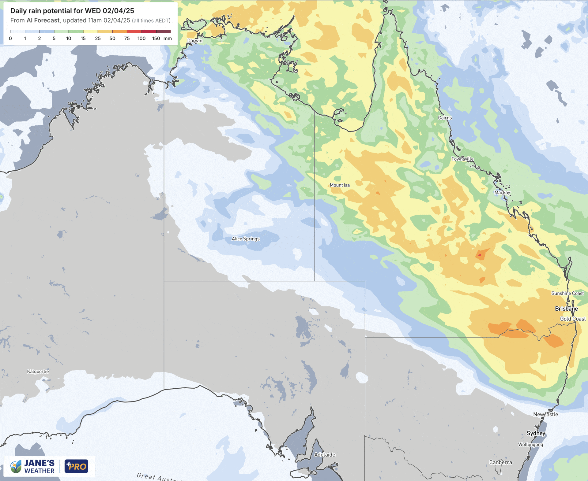Potential rainfall from Wednesday through to Saturday shows the rain slowly clearing northeastwards