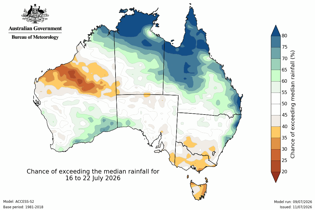BoM Potential rain from 16 to 22 July