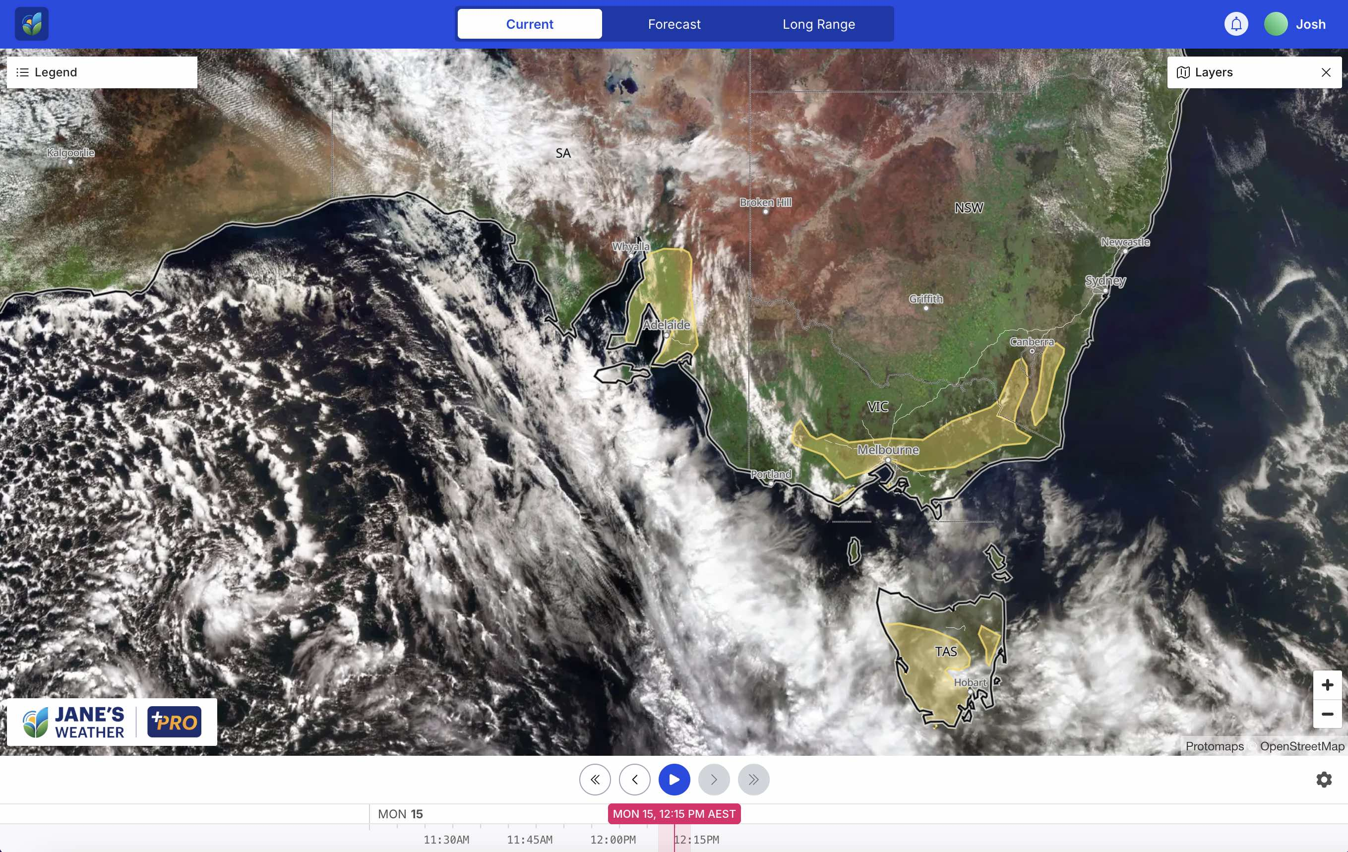Satellite at lunchtime on Monday, with damaging wind warning areas shown in yellow