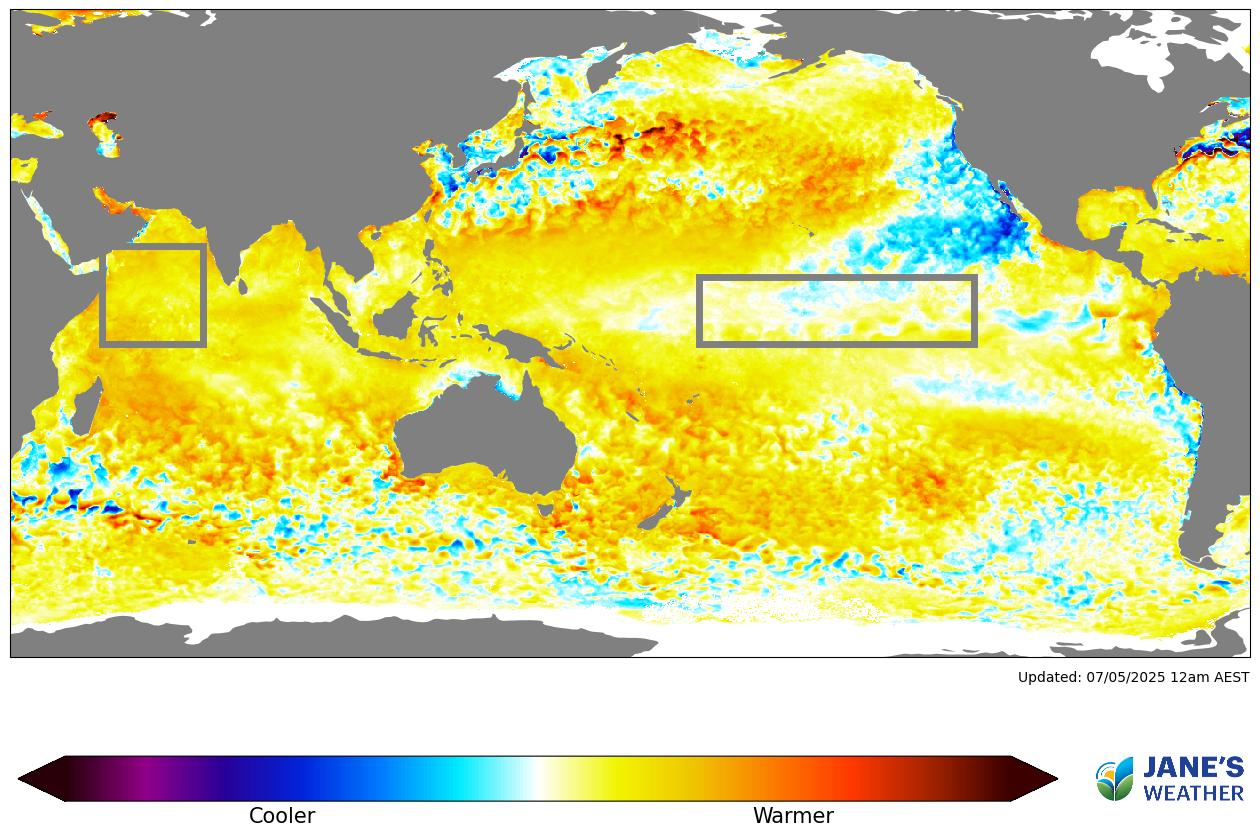 Sea Surface Temperature Anomaly - how much warmer or cooler than average