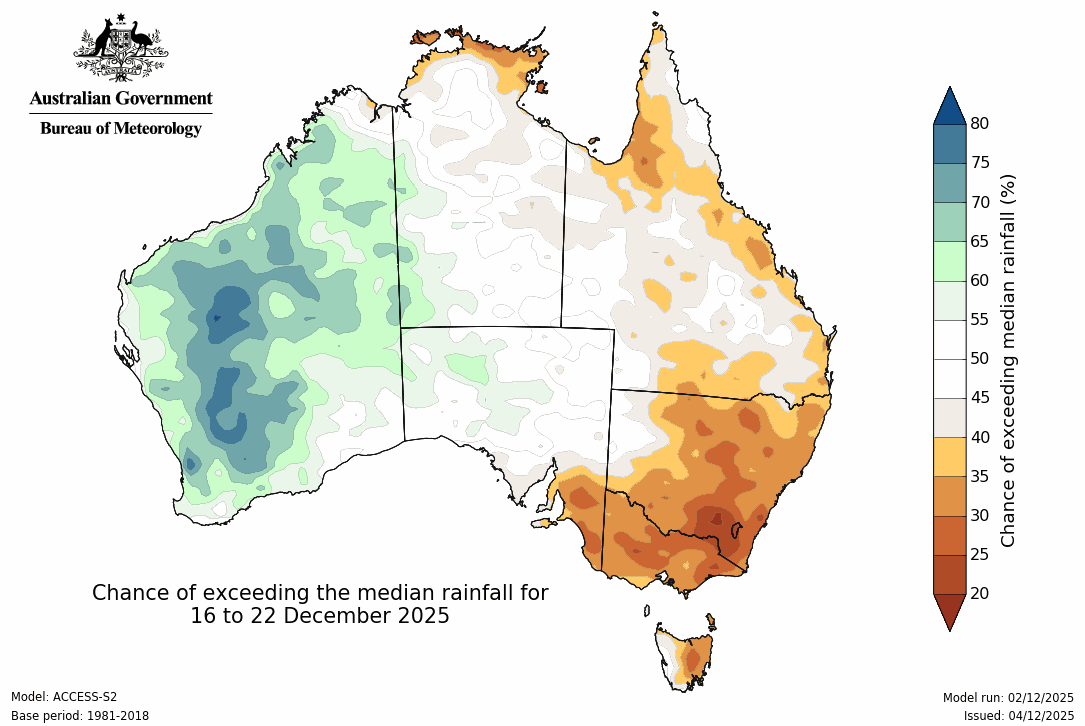 Potential rainfall from 16 - 22 December