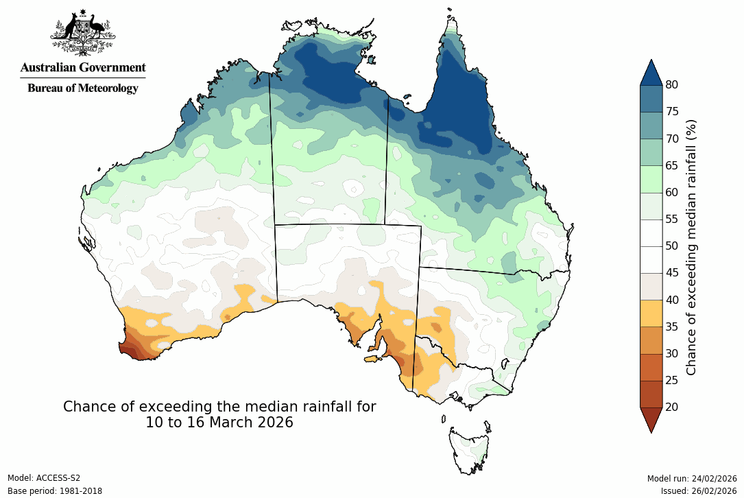 BoM Potential rain from 10 to 16 Mar