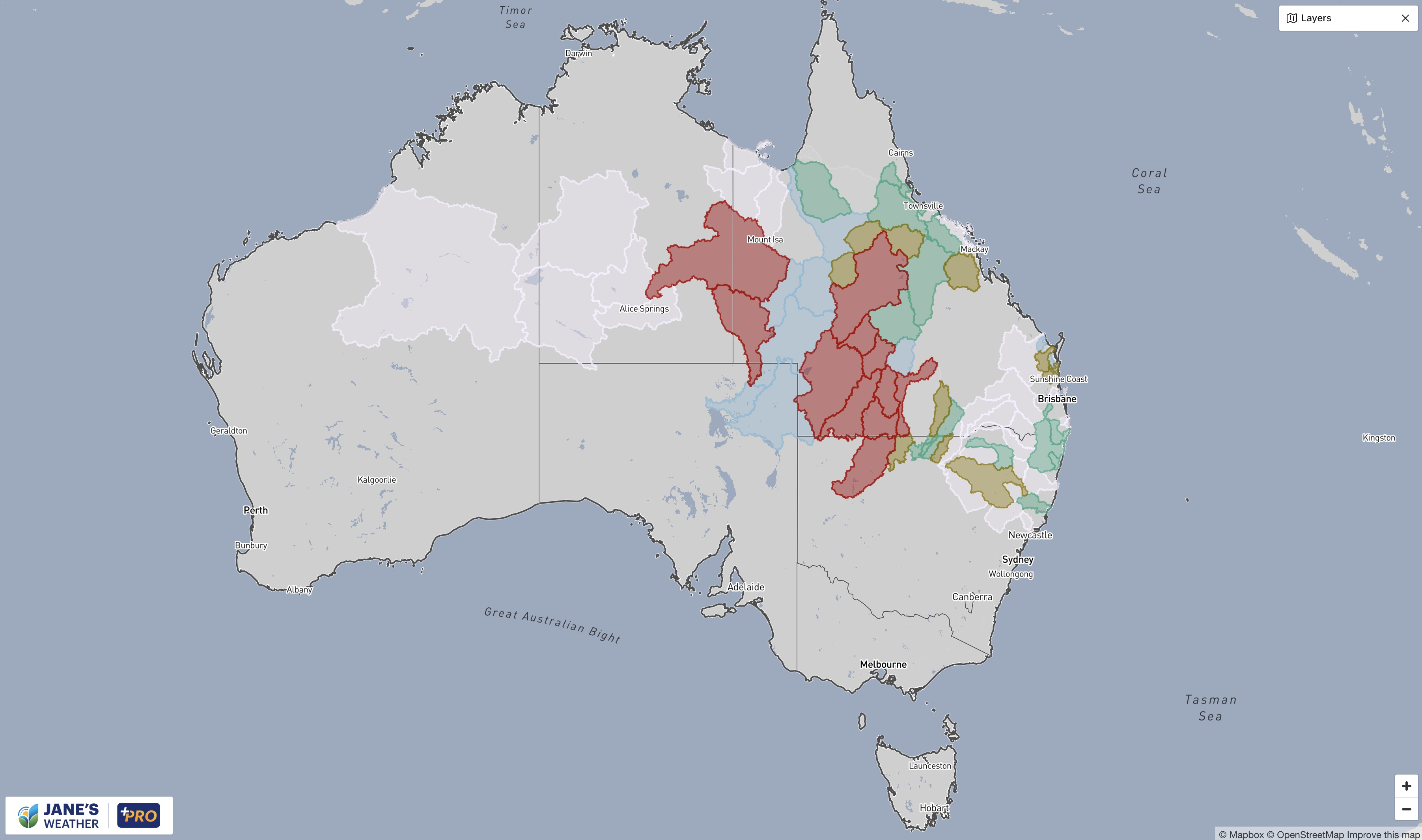 Flood Watches (white) and Warnings (coloured - red indicating Major Flooding)