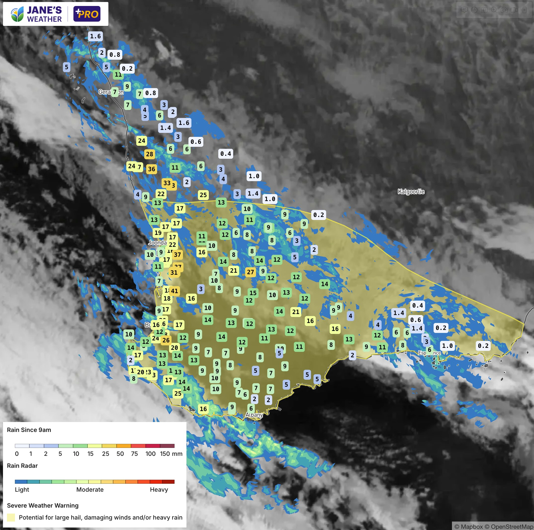 Rain totals across the southwest by 6am Monday