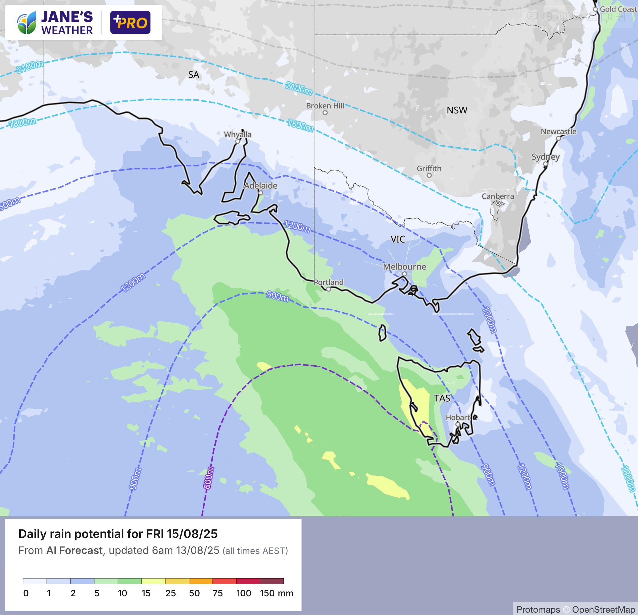 The weather pattern on Friday as the cold air approaches the southeast. The dotted lines show how cold the air is, and how low the snow can fall