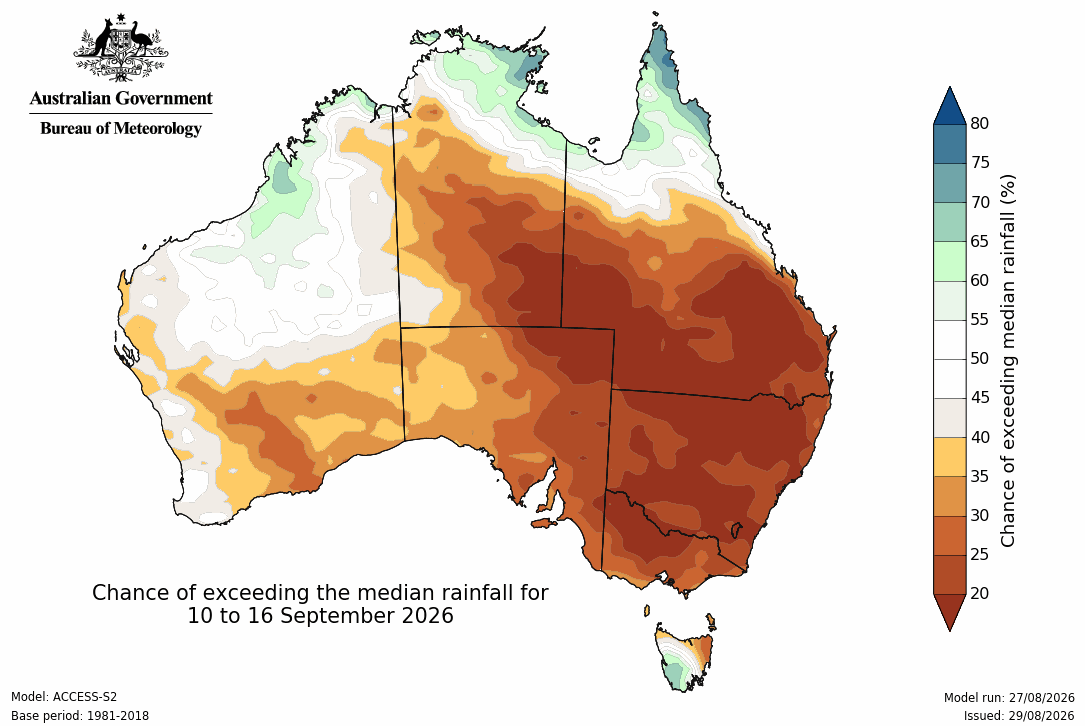 BoM Potential rain from 10 to 16 Sep