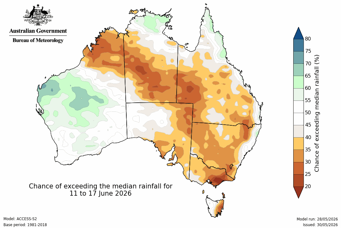 BoM Potential rain from 11 to 17 Jun