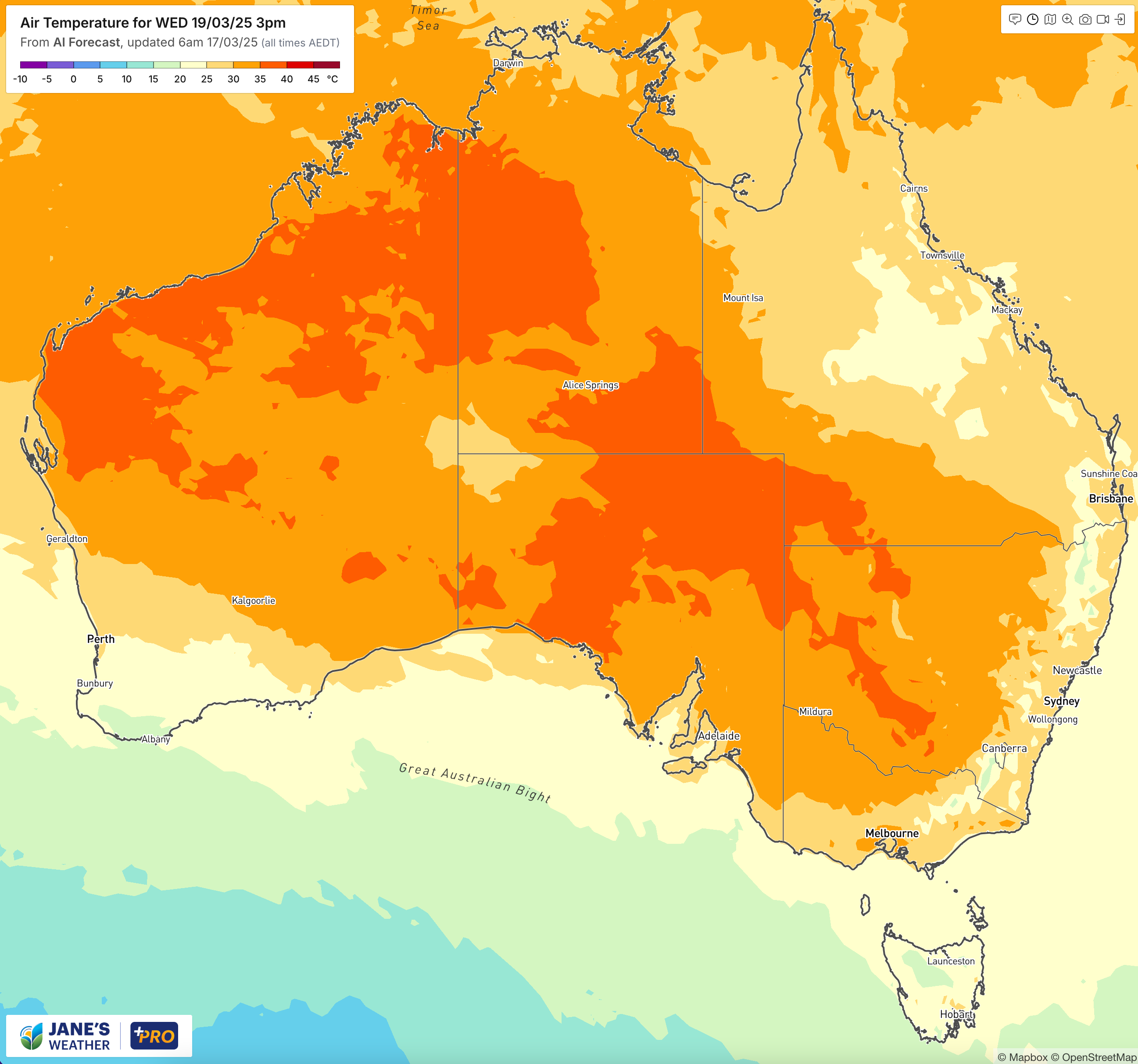 Projected temperature at 3pm AEDT on Wednesday 19th March