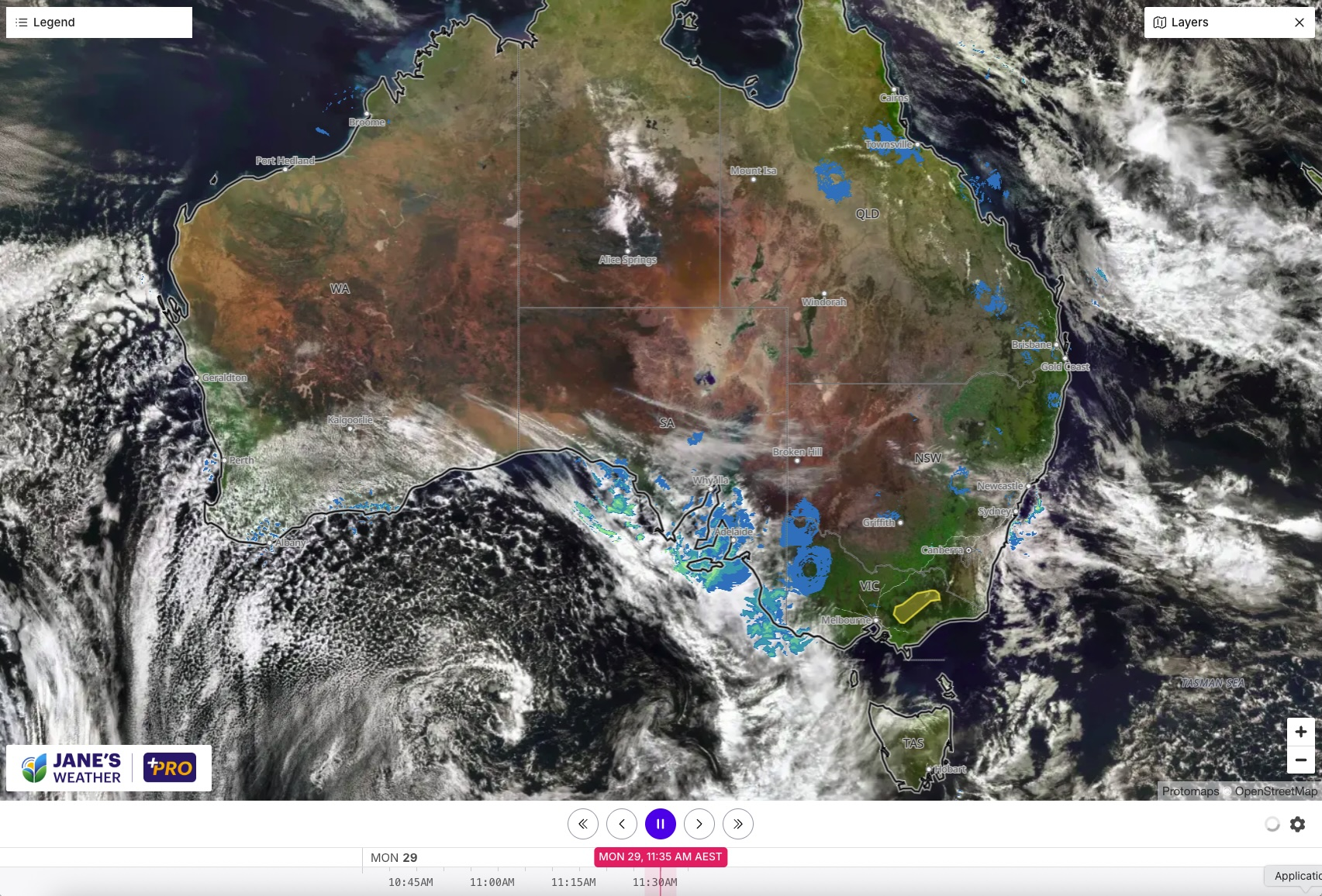 Satellite and radar late Monday morning (AEST)