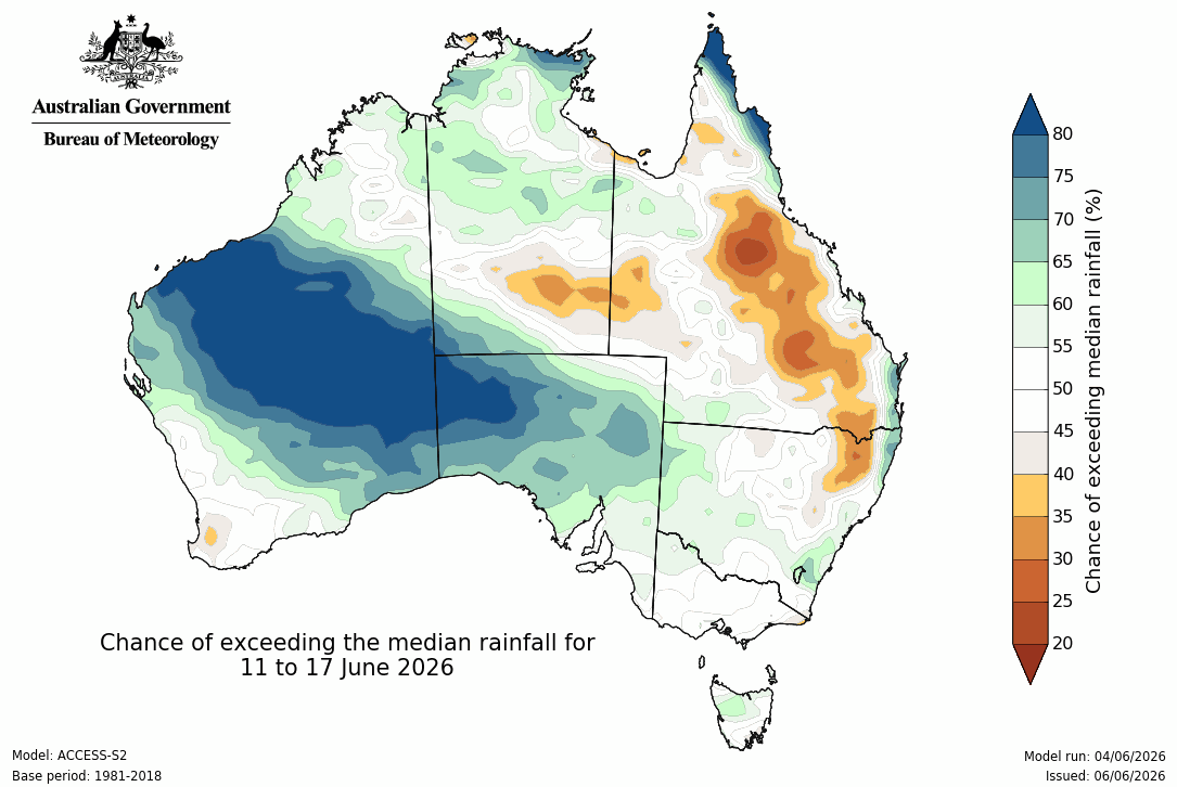 BoM Potential rain from 11 to 17 Jun
