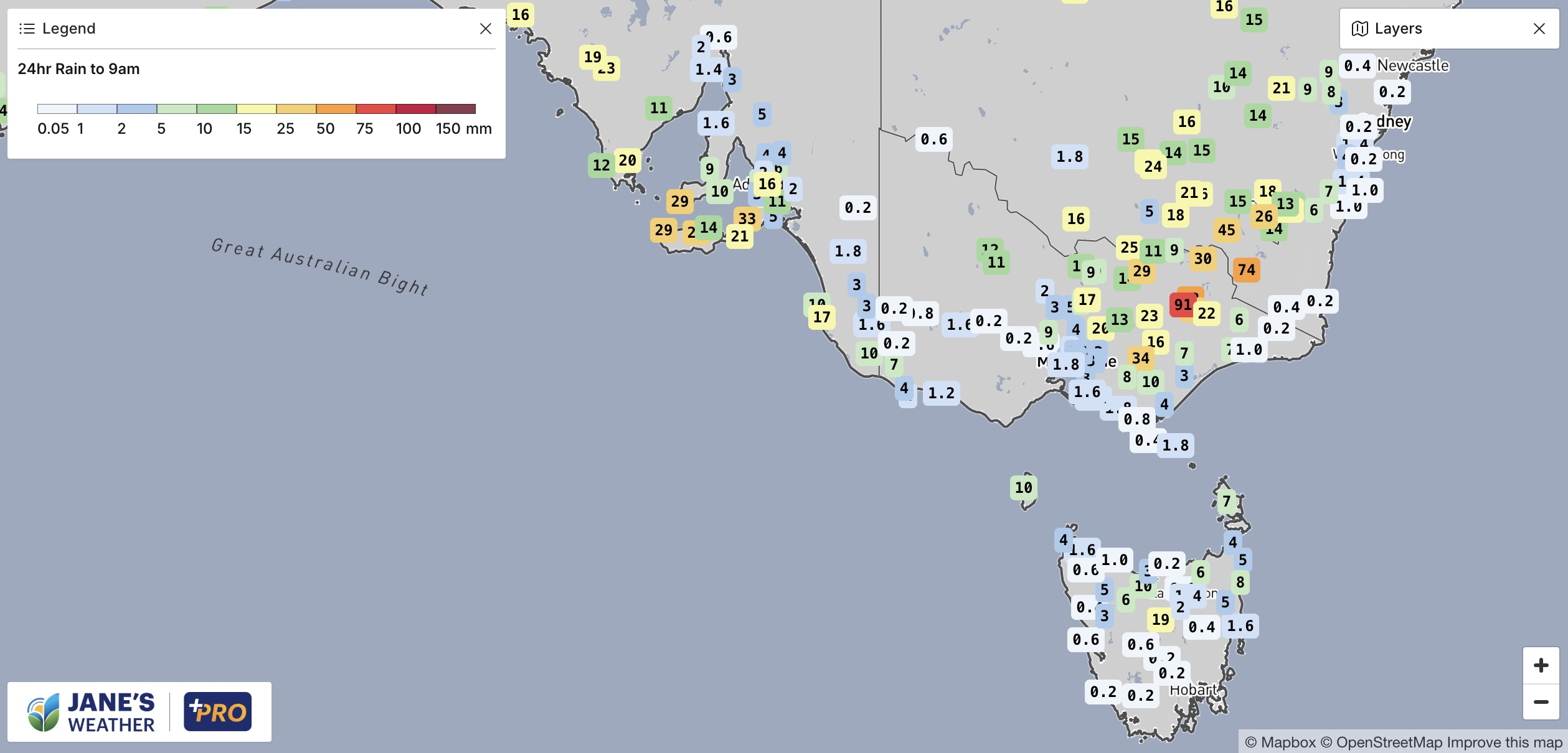Rainfall totals in the 24 hours to 9am Tuesday
