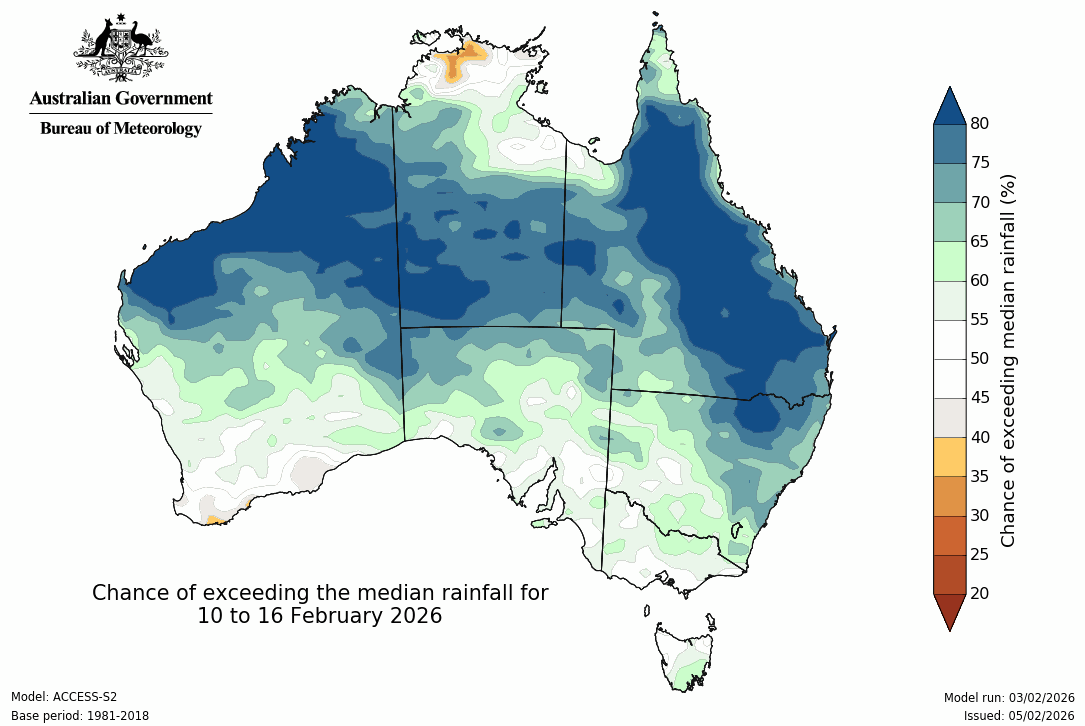 BoM Potential rain from 10 to 16 Feb