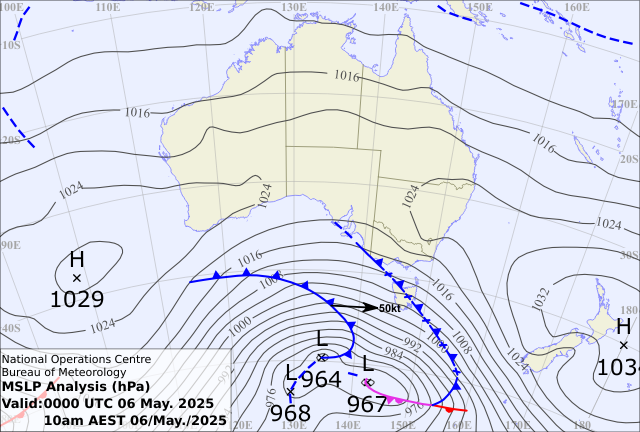 The Tuesday morning weather map shows a cold front crossing the Bight on it's way to the southeast, due to pass through there on Wednesday