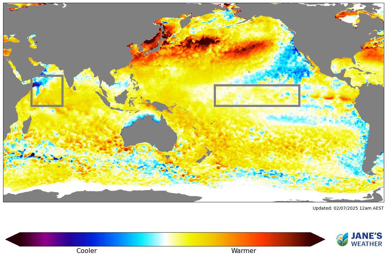 SSTA - how much warmer or cooler the top of the ocean is than average - with the cool blues growing in the Indian Ocean box