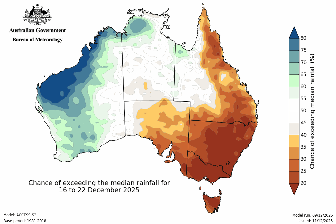 BoM Potential rain for 16 to 22 December