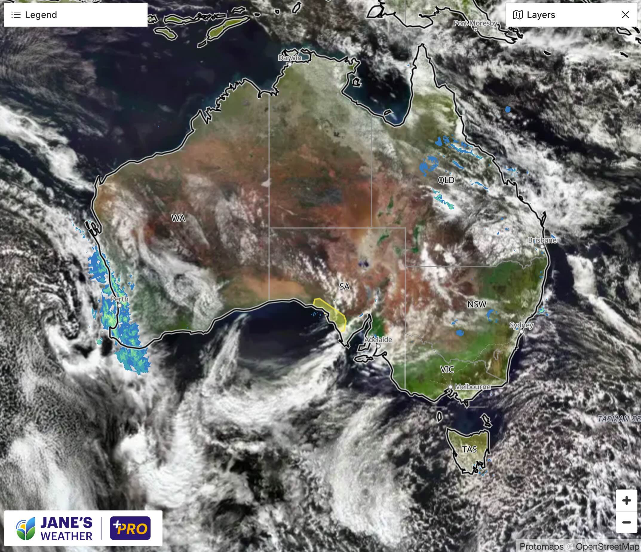 Satellite and radar at midday on Friday (AEST)