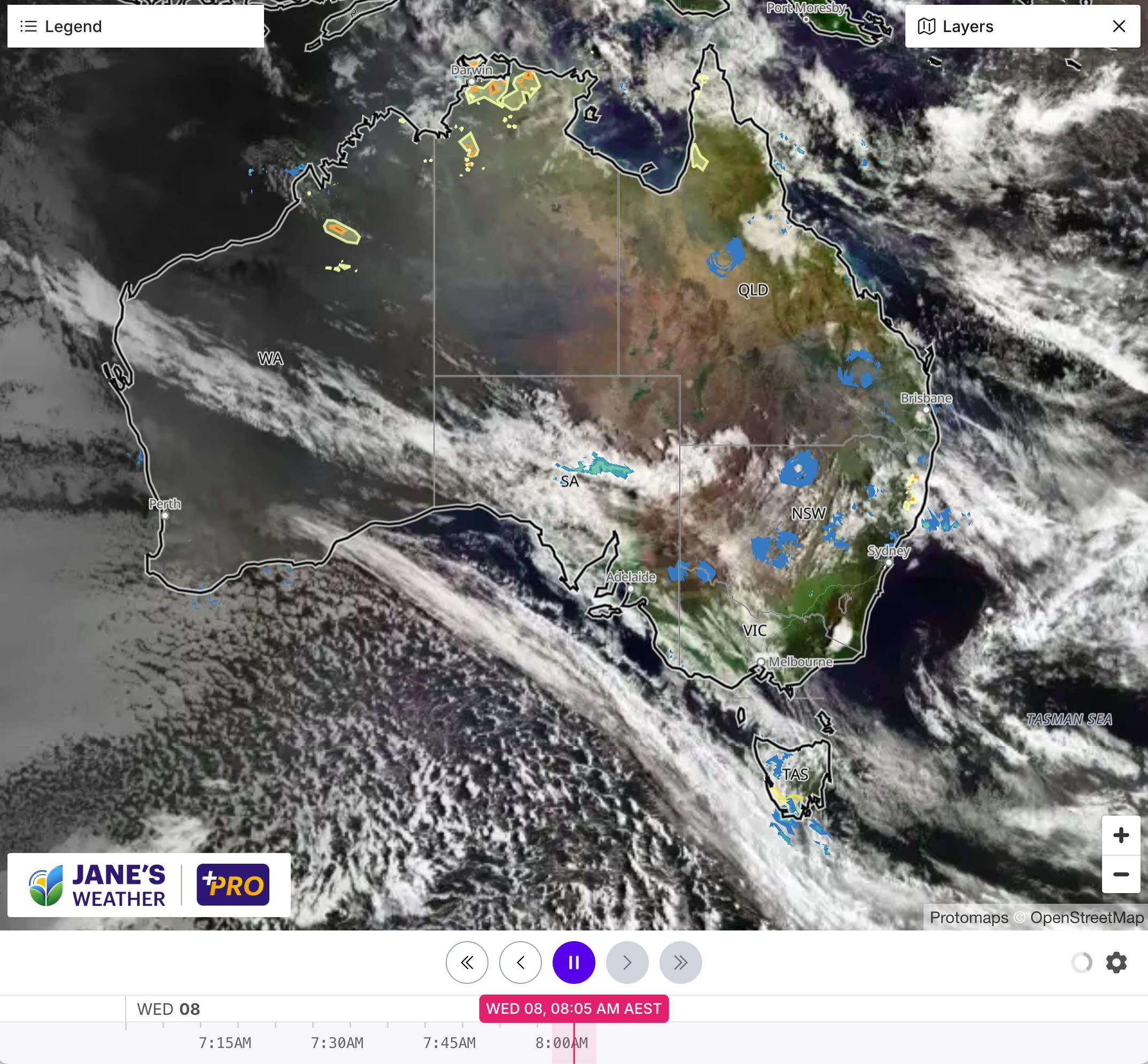 Satellite and radar on Wednesday morning, along with Damaging Winds (yellow) in Tasmania, and local heatwaves (yellow to orange) in NSW and the north