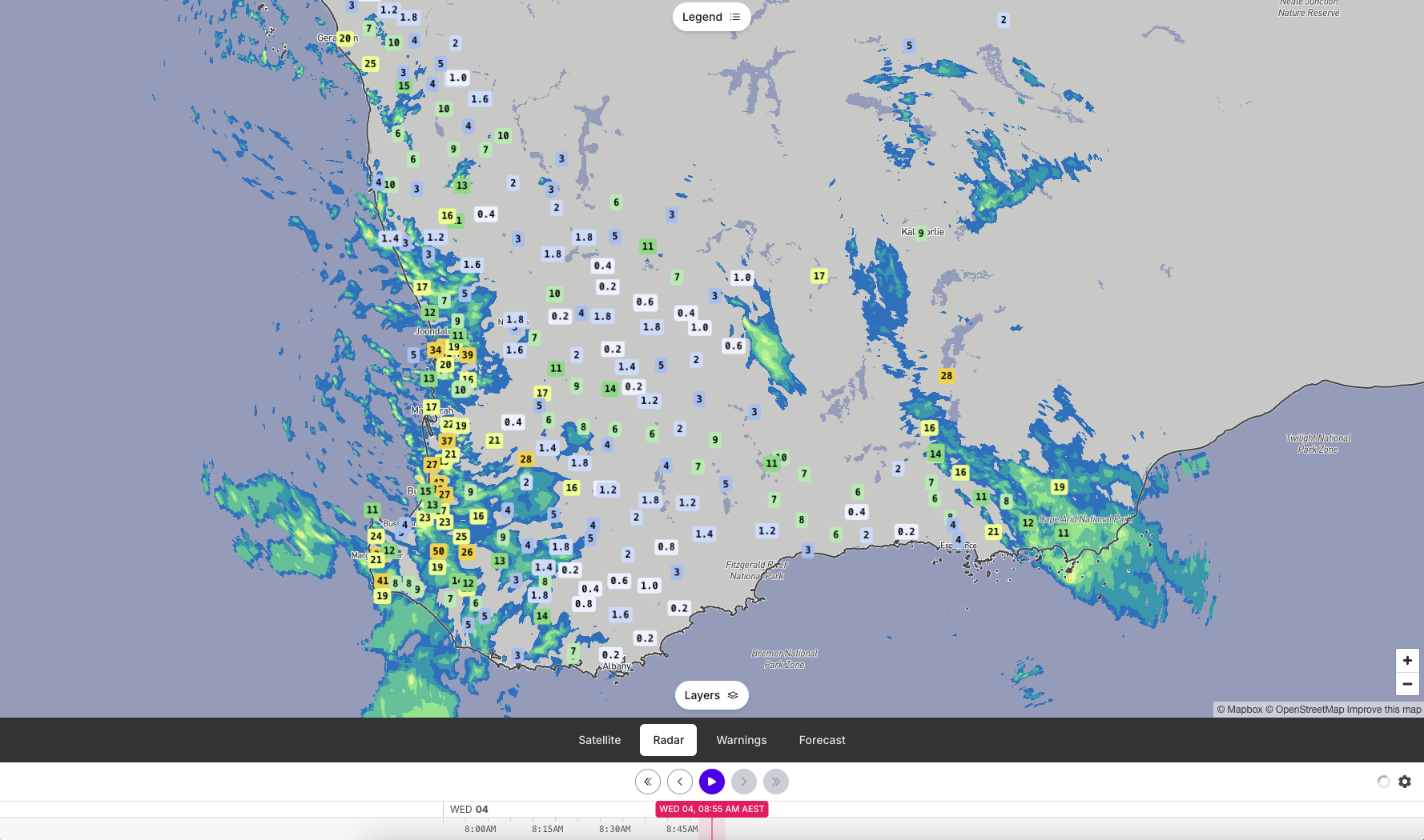 Radar and rainfall totals from Wednesday morning