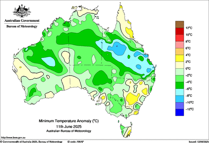 Minimum Temperature Anomaly (how much cooler or warmer than average) from Wednesday 11th June