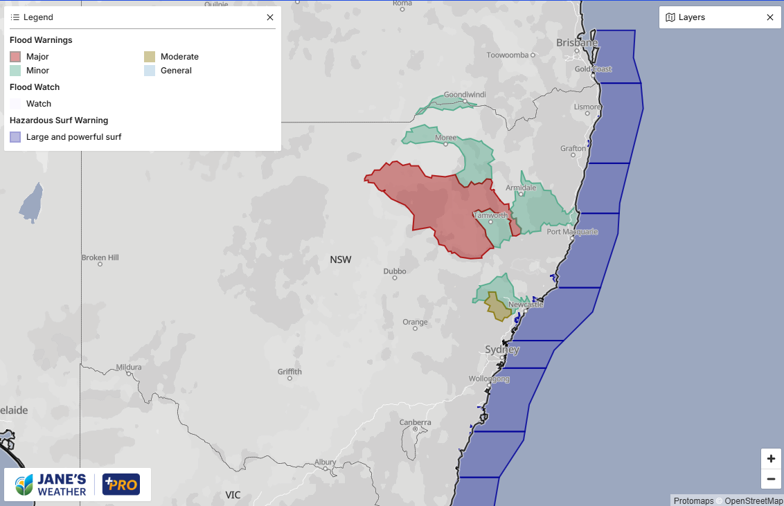 Warnings for Major, Moderate and Minor Flooding, along with Hazardous Surf remain in NSW and southeast Queensland