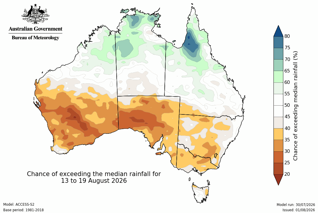 BoM Potential rain from 13 to 19 Aug