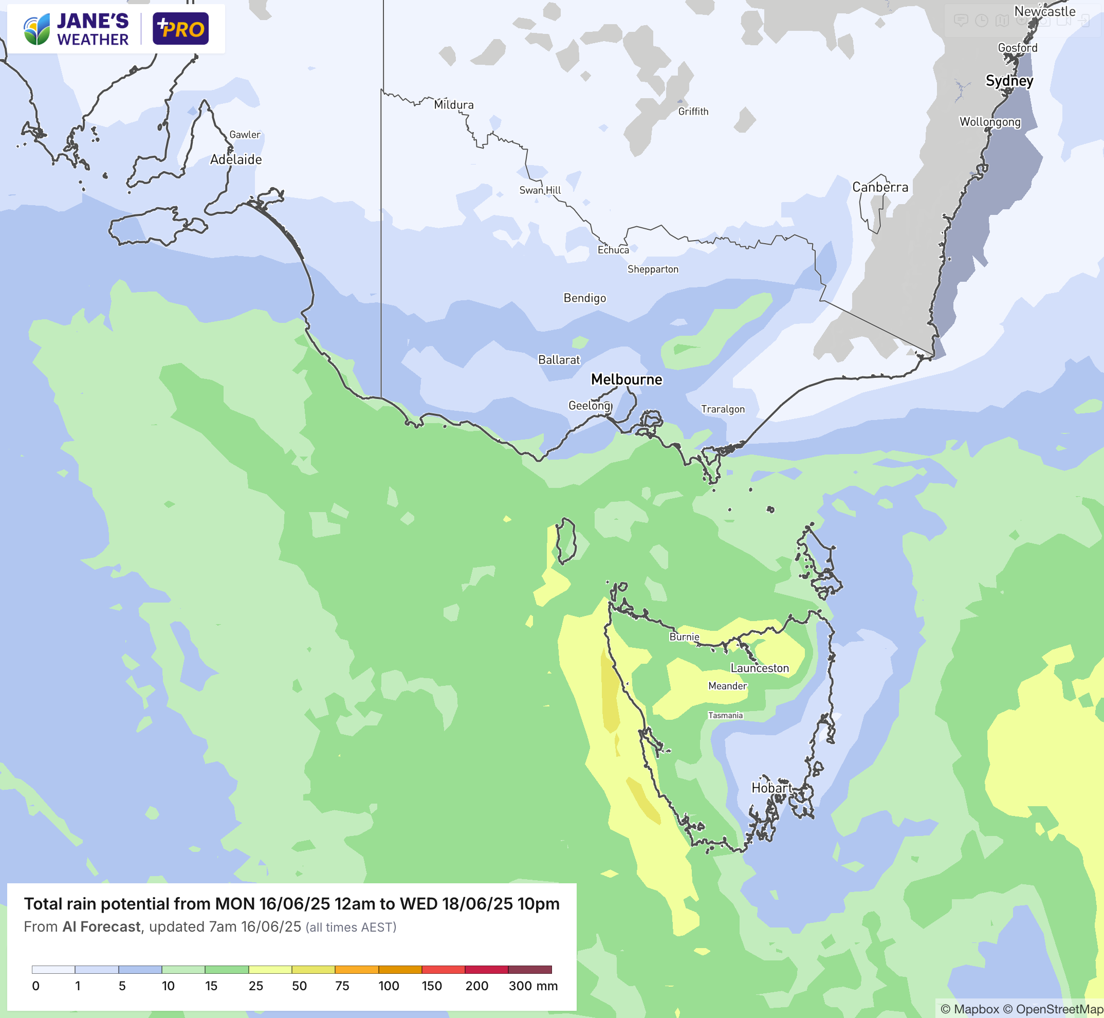 Potential rainfall over the next few days, mainly on Monday and Tuesday