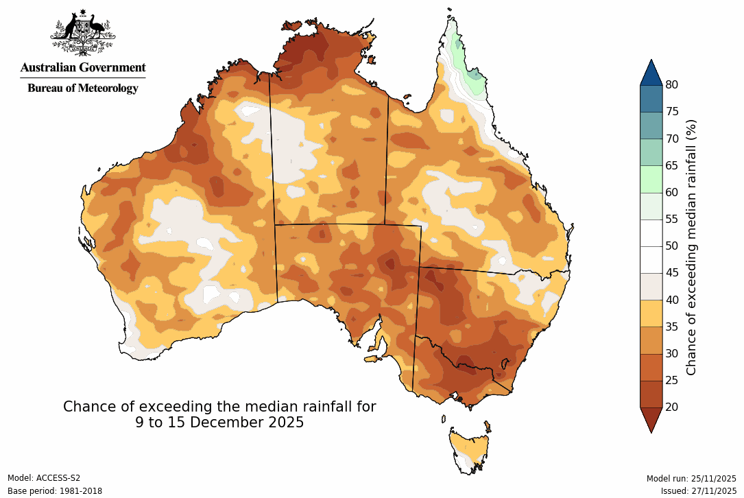 The dry trend continues the following week, 9 - 15 December