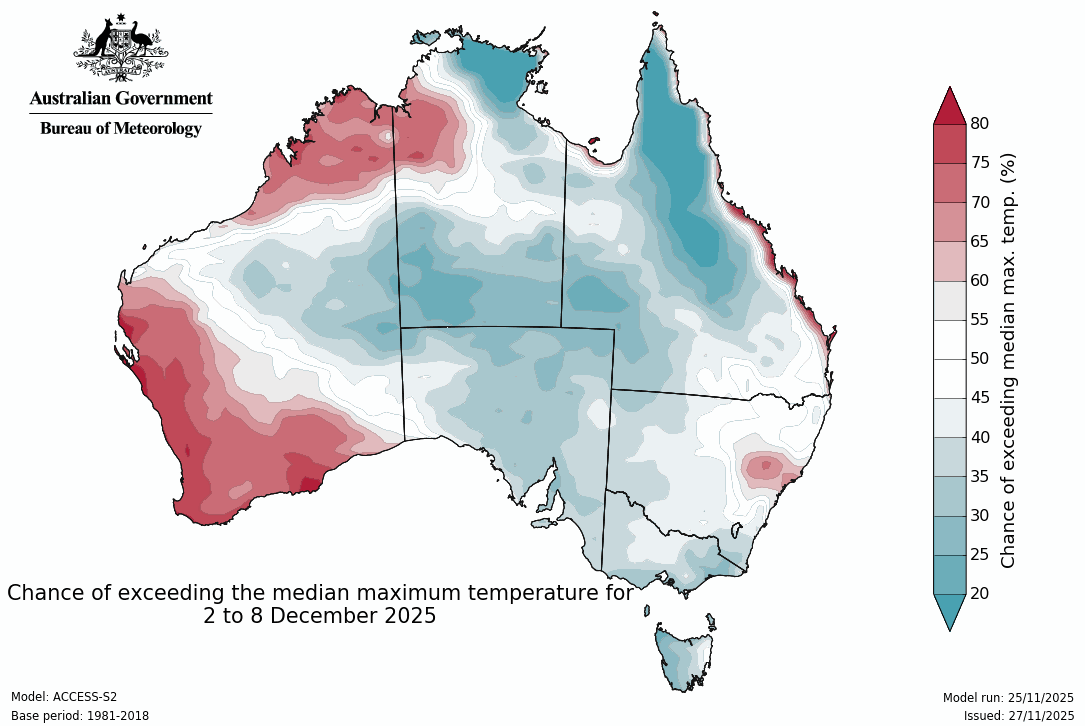 Milder conditions across much of the east and central parts from 2 - 8 December
