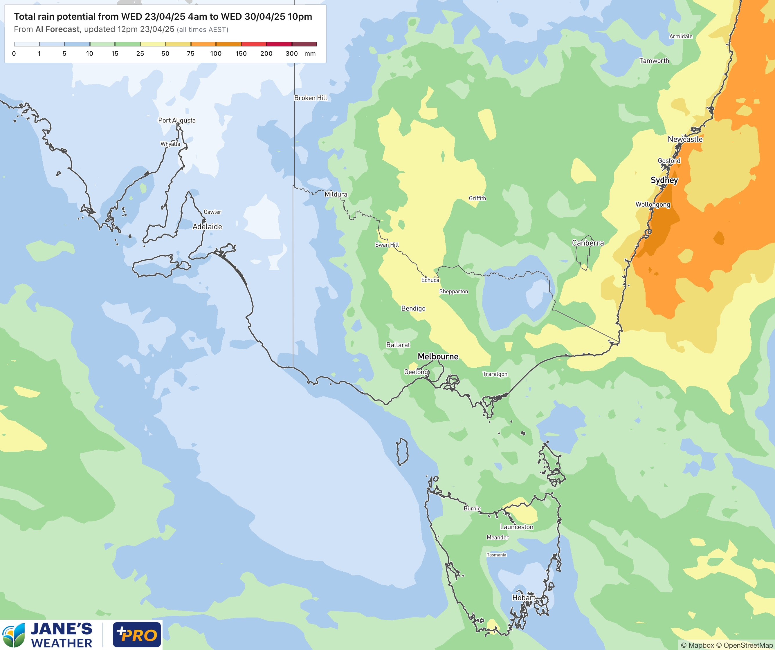 Projected rainfall across the Anzac Long Weekend and into early next week