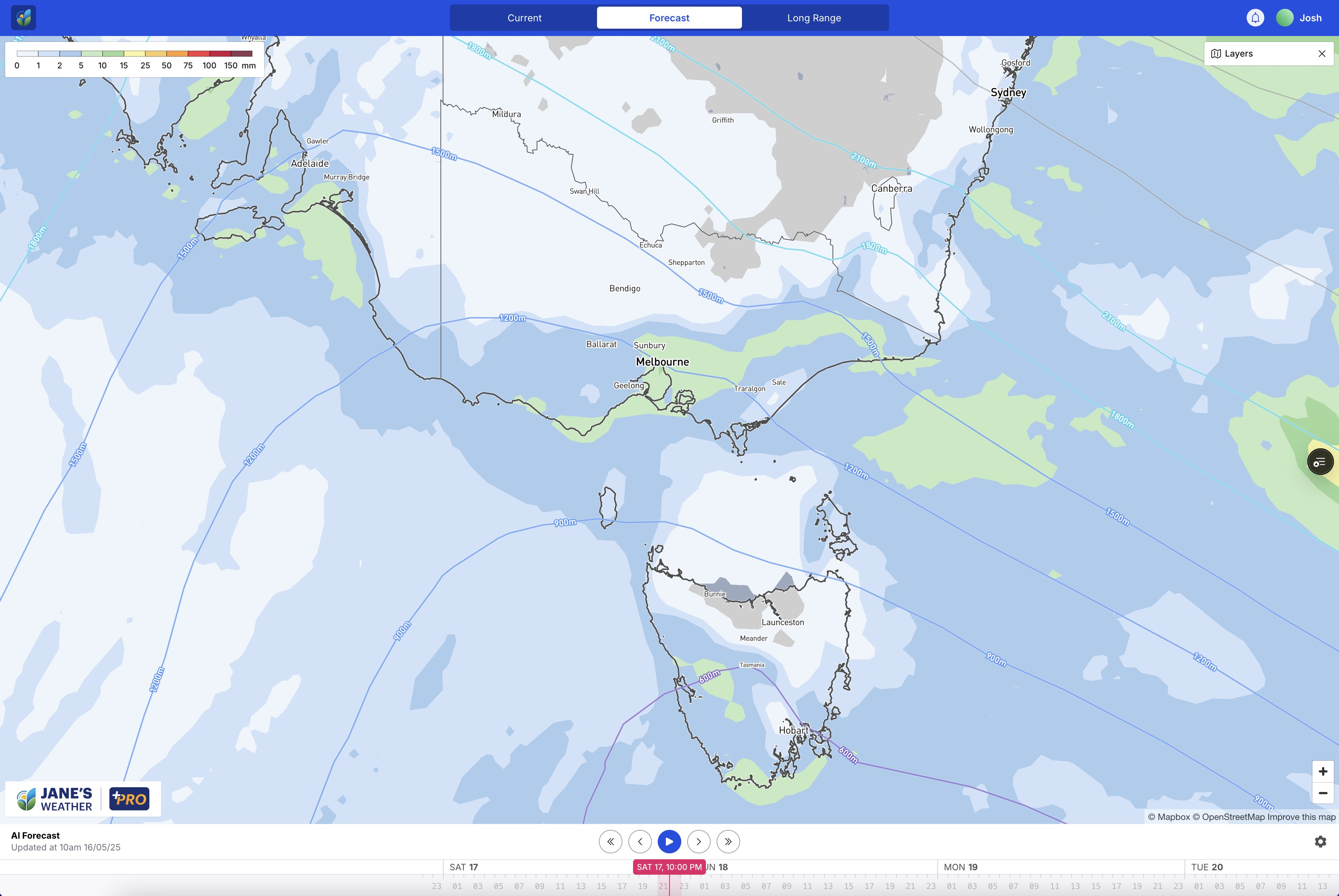 Snow may lower to 600m in Tasmania, 1200m in Victoria and 1500m in NSW - but this is where the cold air is up to by 10pm on Saturday (still to spread through VIC and NSW)