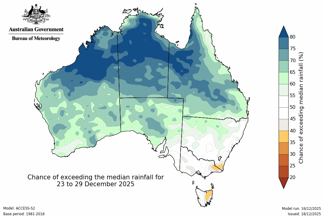 BoM Potential rain from 23 to 29 December
