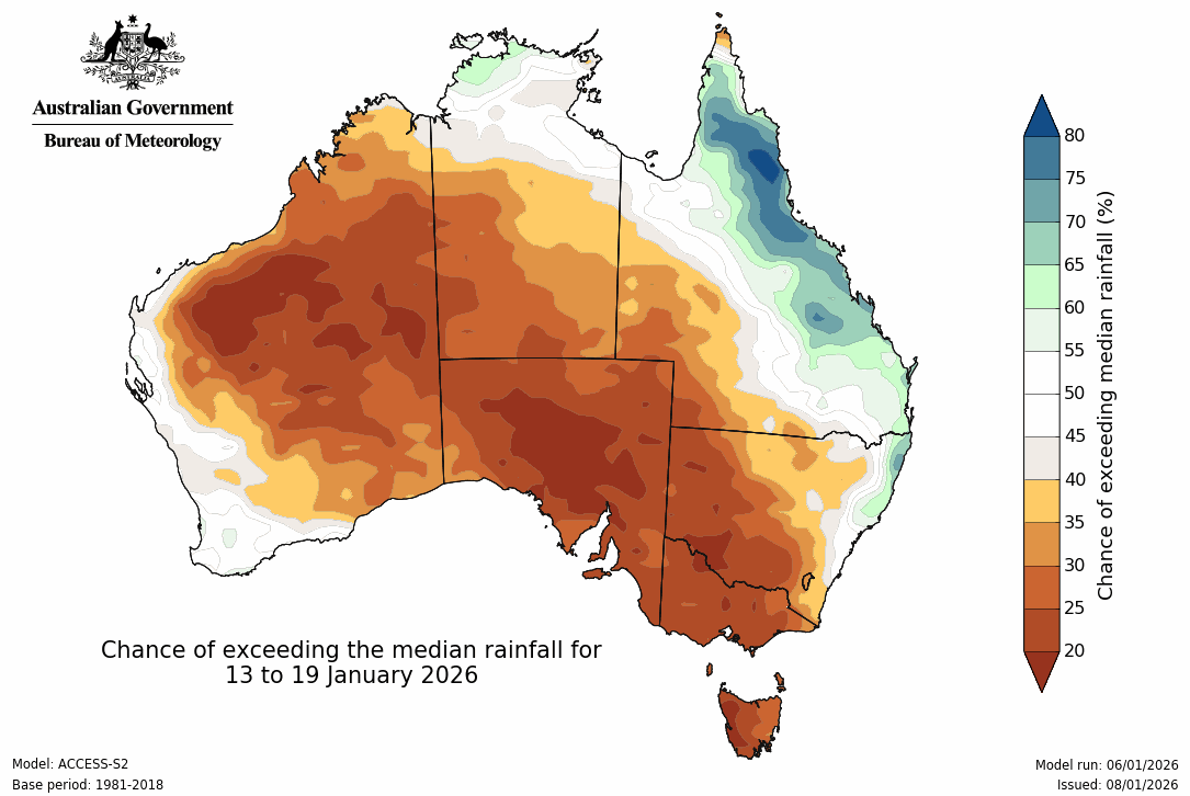 BoM Potential rain from 13 to 19 January