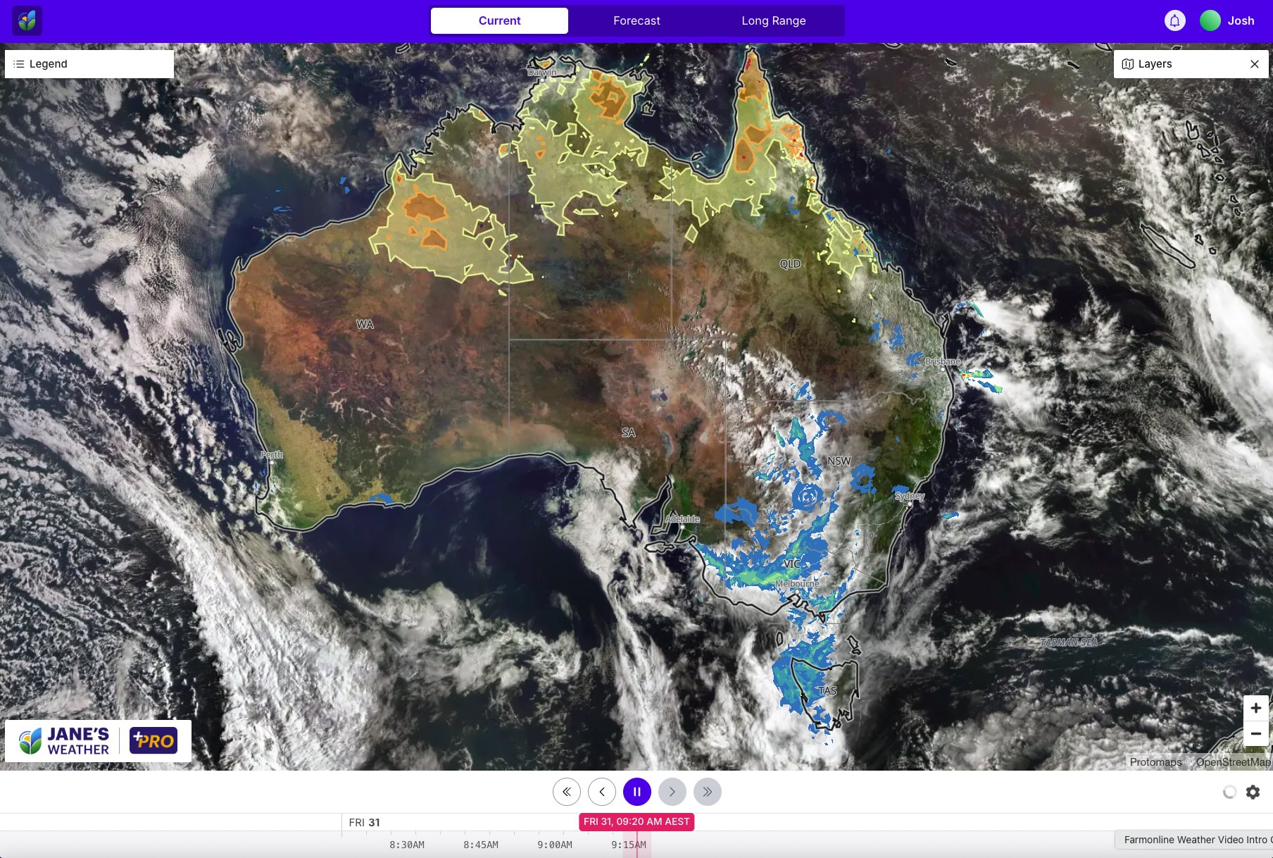 Satellite, radar and current heatwave areas on Friday morning