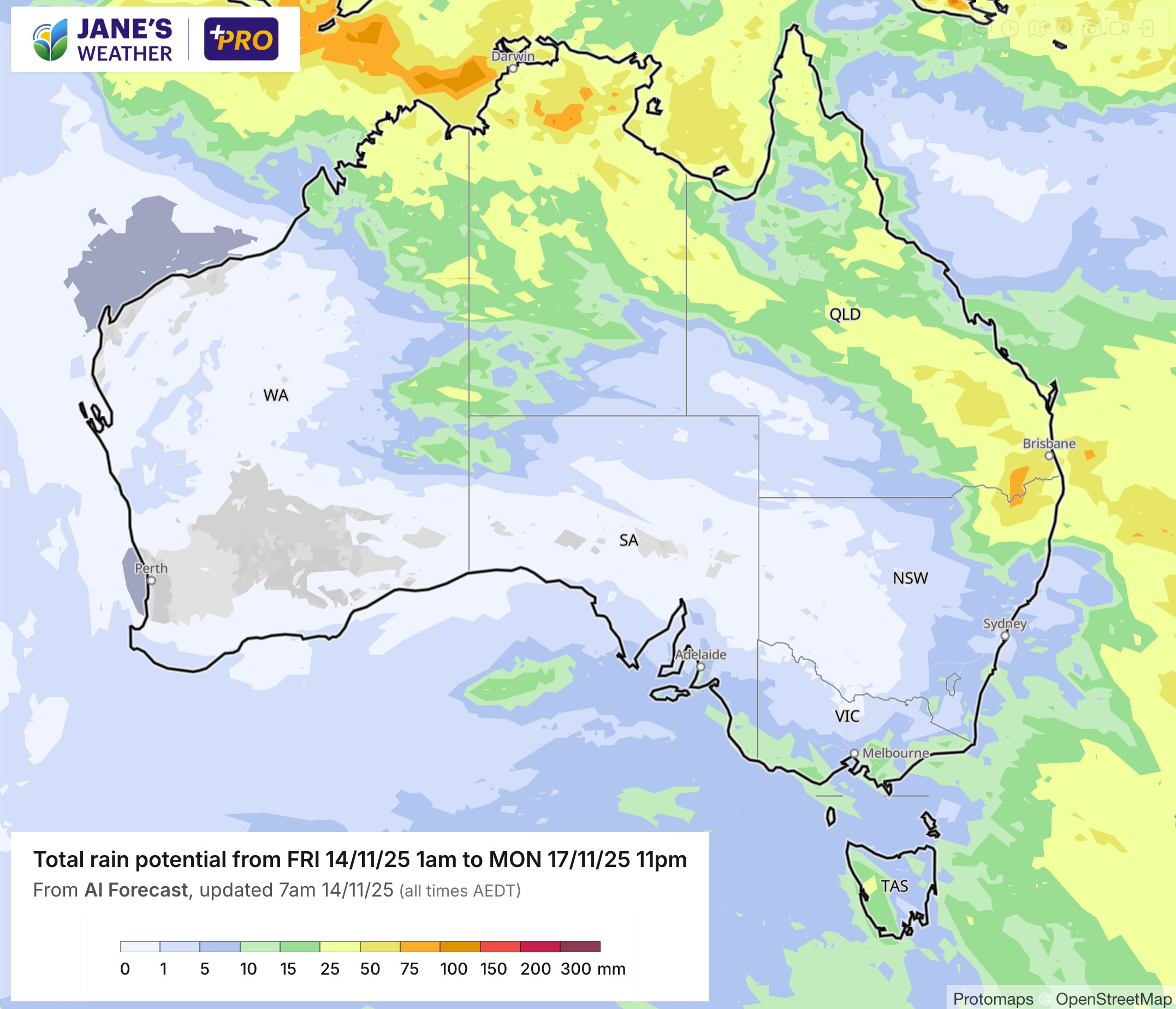 Potential rainfall from Friday to Monday