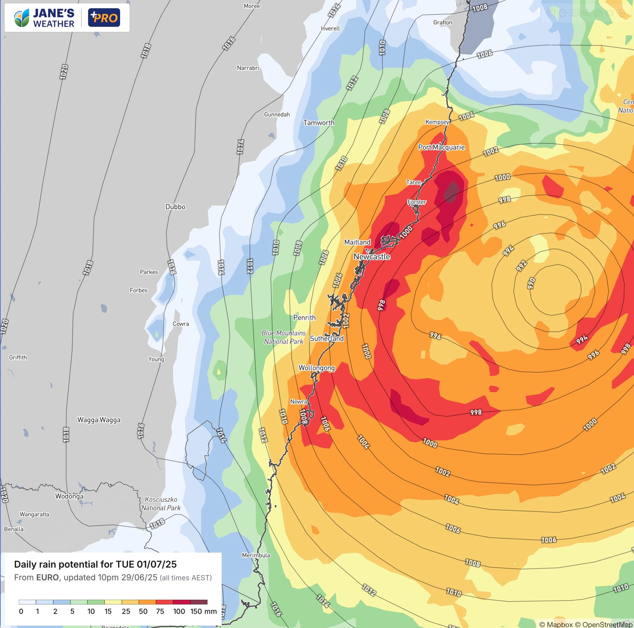 Potential rainfall on Tuesday, with the ECL off the coast from Newcastle