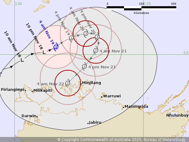 The potential path of Cyclone Fina (as at 10am AEDT on Wednesday 19th November)