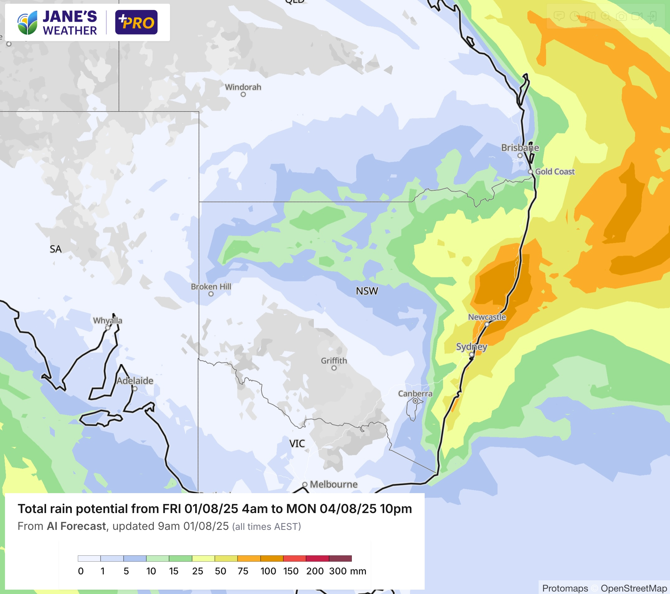 Potential rainfall in NSW has falls over 50mm through a large area near the coast and ranges
