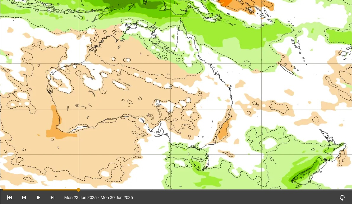 Potential rainfall pattern in week 2 (beginning Monday 23 June) from the Euro model